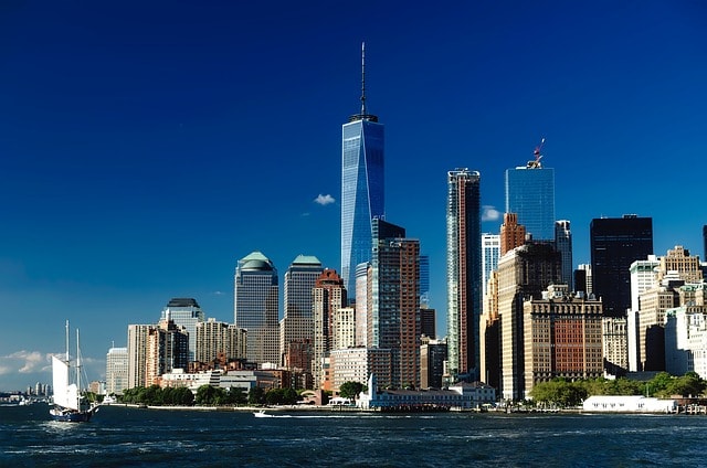 new york city, urban, cityscape, manhattan, one freedom tower, skyscrapers, buildings, architecture, bay, harbor, sailing, sailboat, boat, tourism, travel, downtown, skyline, hdr, blue city, blue news, blue boat, blue new