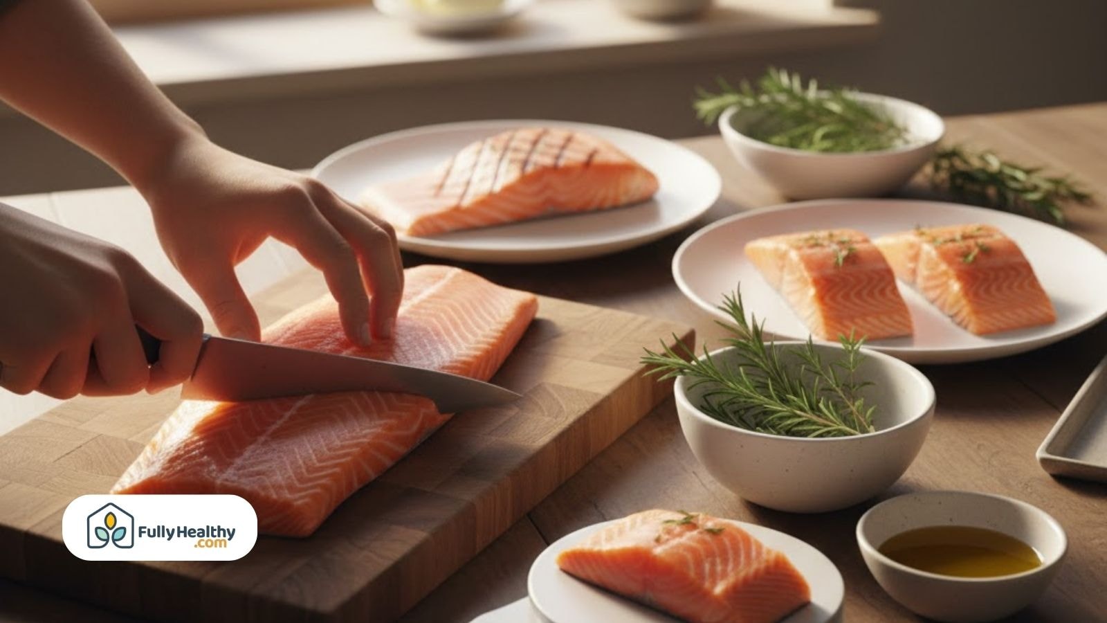 Hands slicing fresh salmon with herbs and olive oil nearby