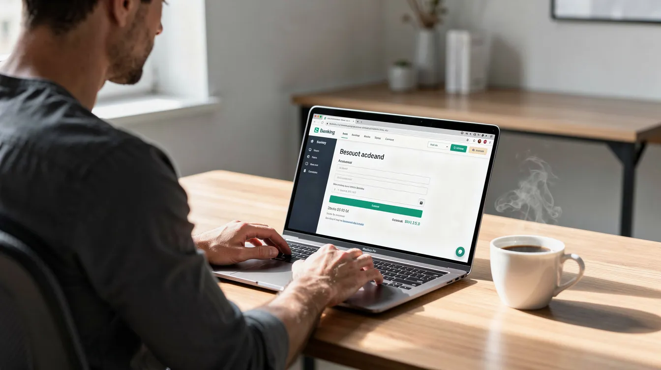 The image shows a person sitting at a desk, focused on setting up an online bank account using a laptop, with a coffee cup placed nearby. This scene reflects the convenience of managing finances, such as high yield savings accounts, from the comfort of home.