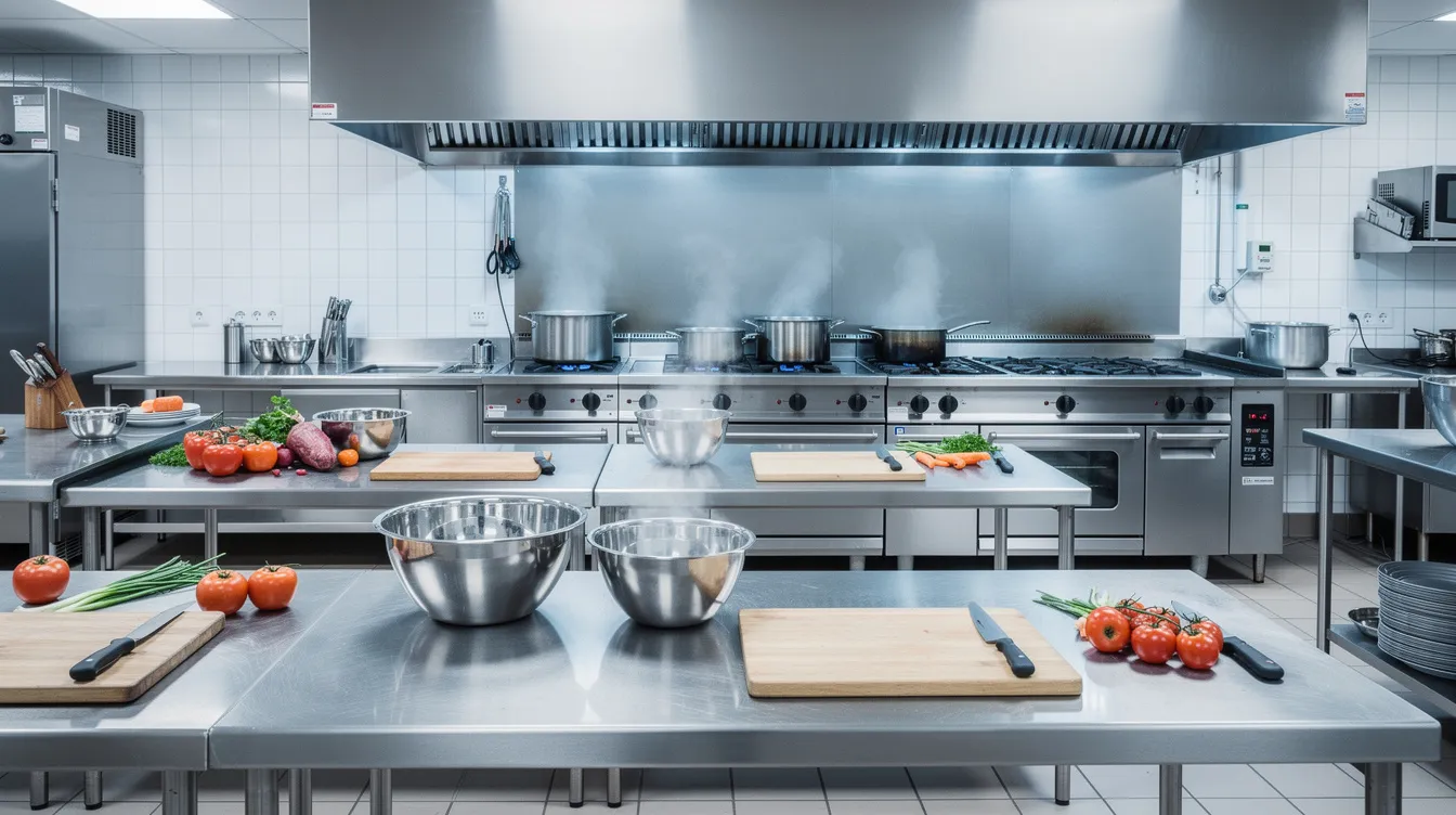 The image depicts a commercial kitchen featuring stainless steel preparation tables and a cooking range, showcasing high-quality commercial kitchen equipment designed for efficient food preparation and cooking in a restaurant or hotel setting. The space is organized with utensils and pots, reflecting a professional environment tailored for hospitality services.