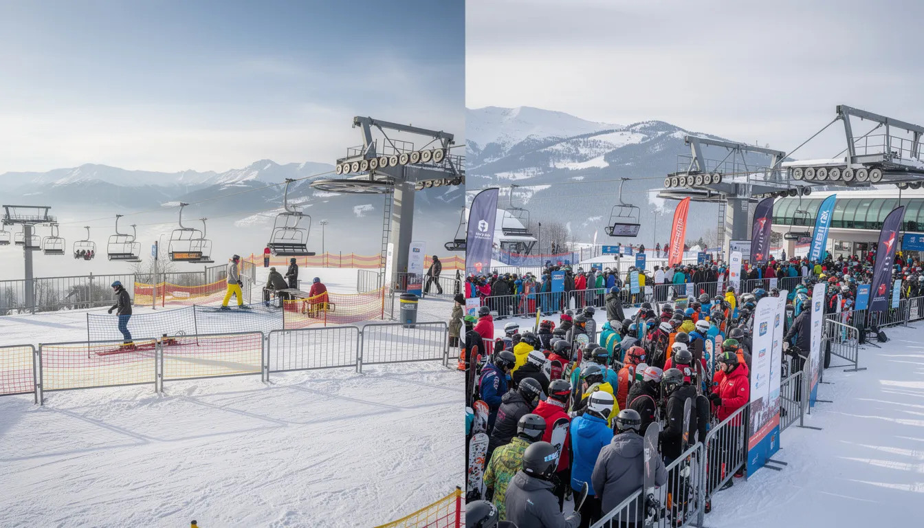 The split image contrasts empty lift lines at Brian Head Resort on a weekday with crowded conditions during a holiday weekend, highlighting the stark difference in visitor traffic. This visual representation emphasizes the resort's appeal for both advanced and beginner skiers seeking a more relaxed experience during off-peak times.