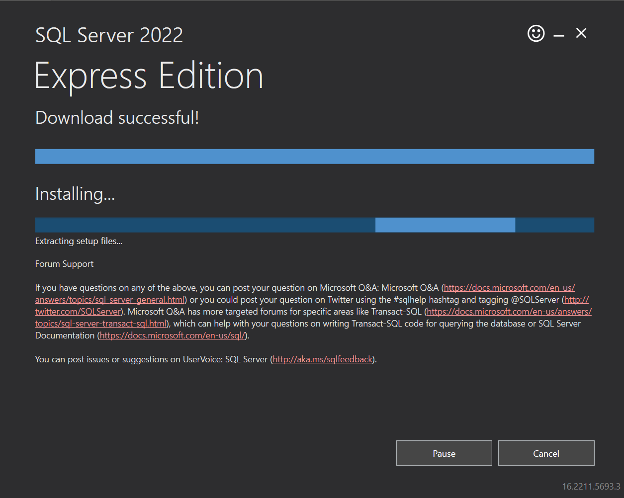 Installation in progress of SQL Server 2022 Express log file