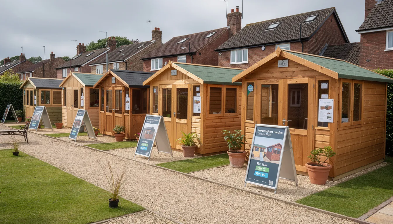 The image showcases a variety of garden sheds for sale in Nottingham, including traditional wooden sheds and metal sheds, all designed to enhance outdoor space. Each shed features robust construction and is available in popular sizes, ensuring great value and superior build quality for customers looking to buy garden buildings.