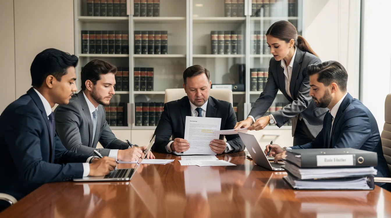 In a professional office setting, a group of experienced car accident attorneys is diligently reviewing legal documents related to car accident claims. They are focused on ensuring their clients, including car accident victims in Richmond, VA, receive fair compensation for serious injuries and medical expenses.