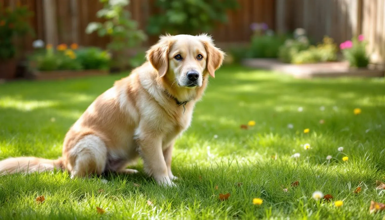 A dog is seen in a normal squatting position in a grassy yard, likely preparing to defecate, which is a natural behavior for dogs. This moment may reflect the dog