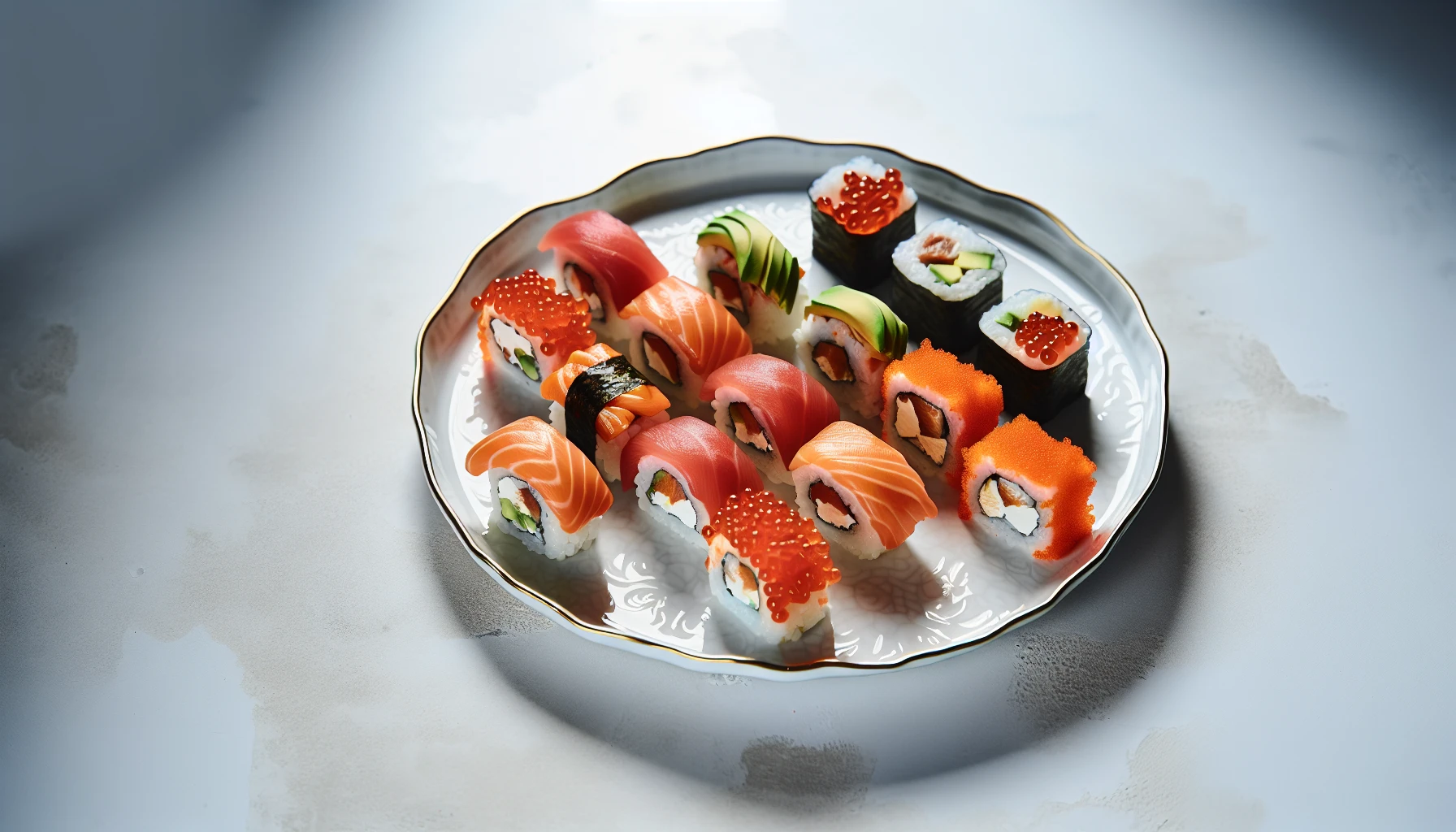 A plate of assorted sushi rolls