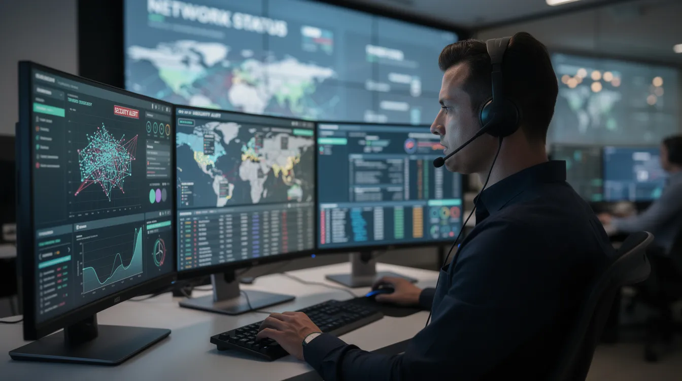 A professional, likely a military spouse, is focused on their work at a computer setup with multiple monitors displaying various cybersecurity dashboards. This image highlights the importance of training programs and certifications for career advancement in the high-demand cybersecurity workforce.