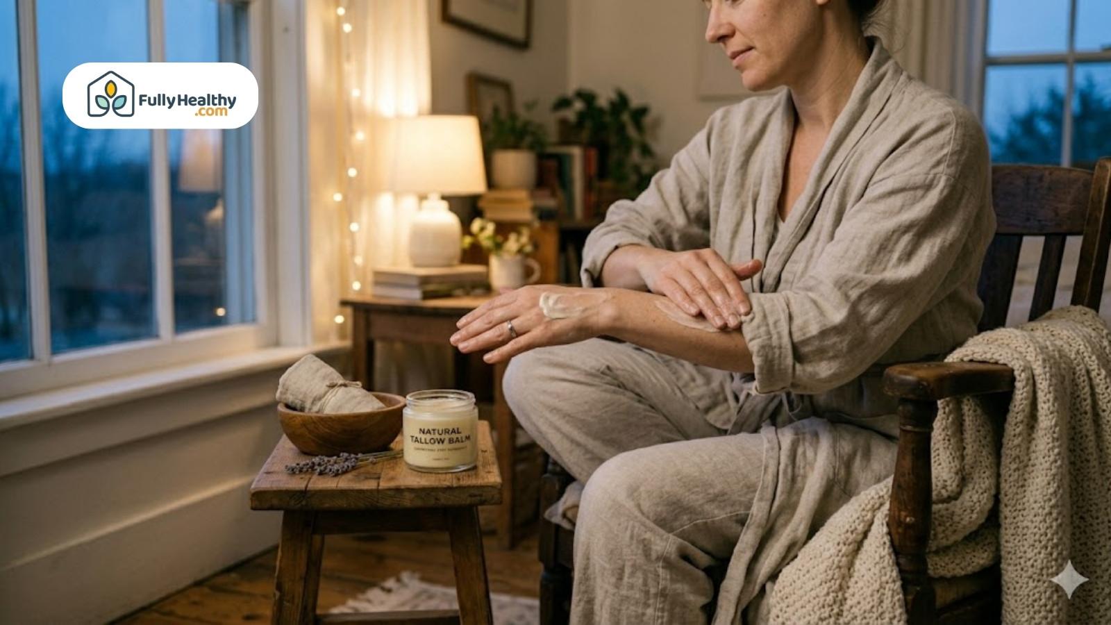 Woman applying tallow balm to arm in cozy evening home setting
