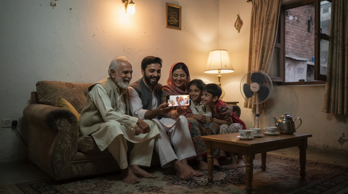 A joyful family in Pakistan is gathered around a smartphone, smiling as they receive a video call from a relative living abroad. This moment highlights the connection between non-resident Pakistanis and their families, showcasing the importance of communication in today's digital age.