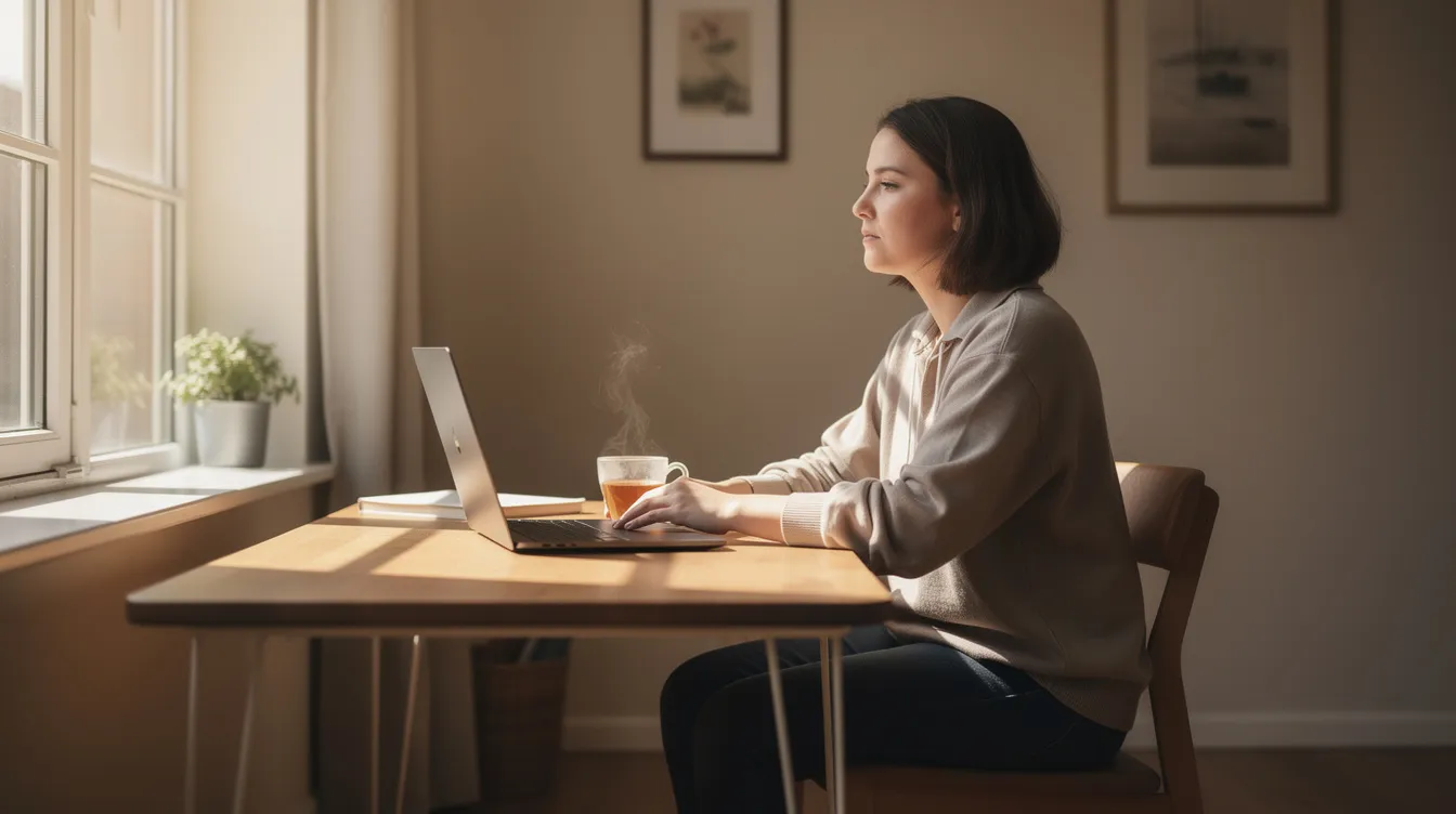 A person sits peacefully at a home desk, enjoying a cup of tea while working on a laptop, with soft natural light streaming through a nearby window. This serene setting reflects a calm atmosphere, ideal for focusing on tasks or exploring online casinos and their many non gamstop options.
