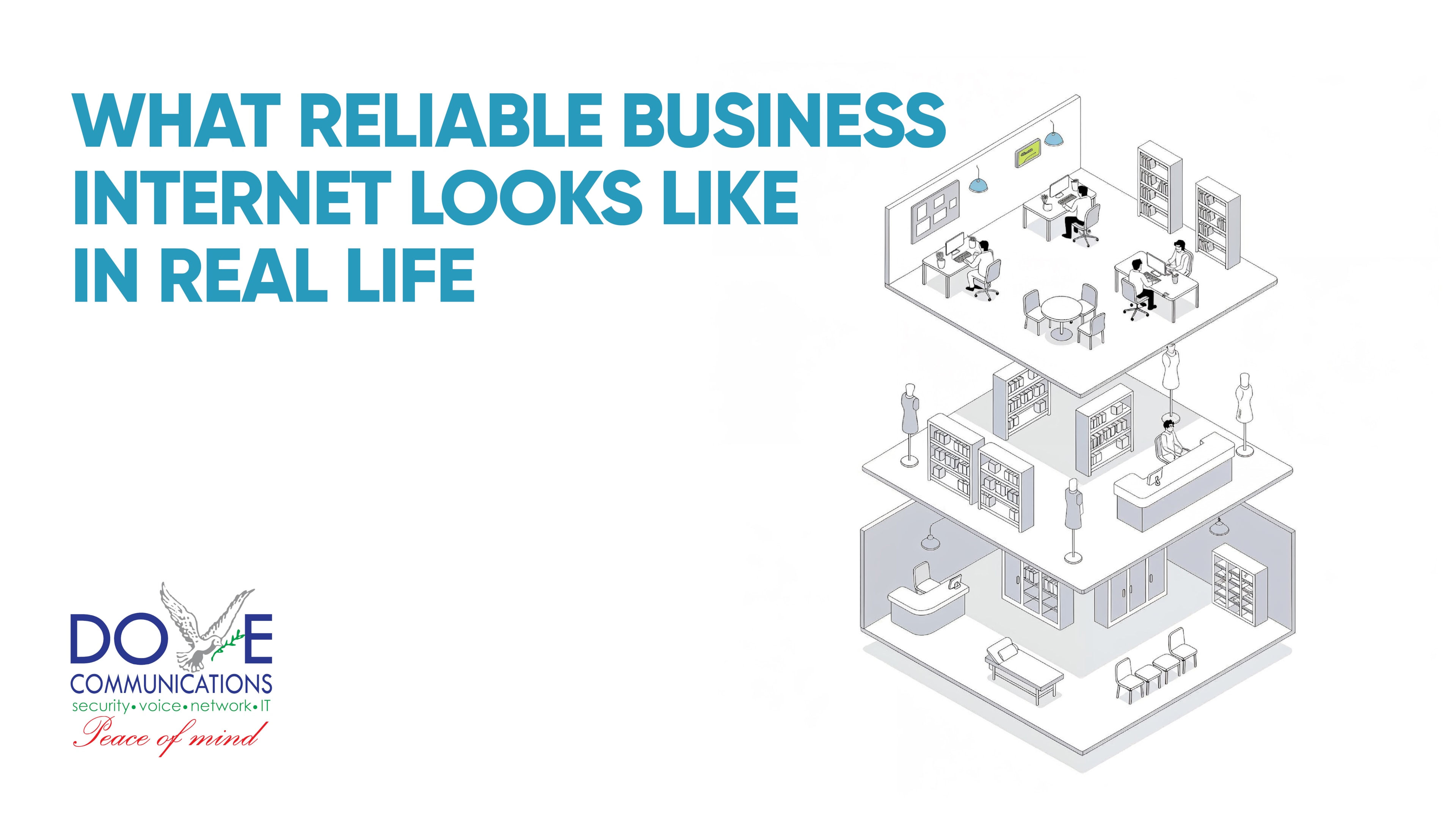 Illustrated multi-floor office with active workstations, symbolizing how a stable internet connection and fast download speeds power operations at a business address.