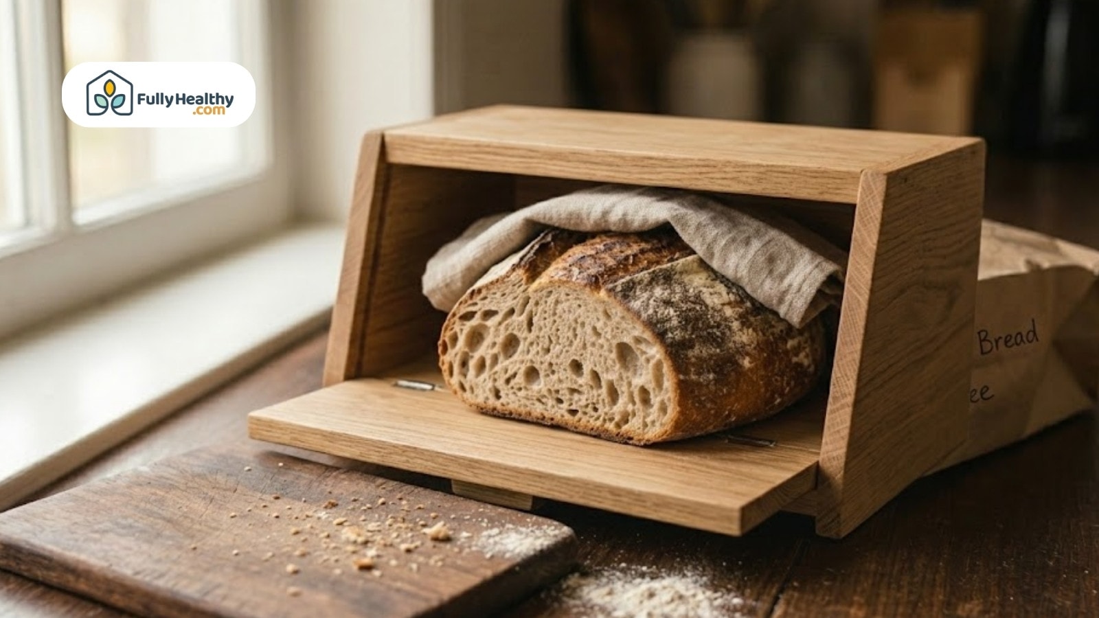 Sourdough loaf stored inside wooden bread box near window