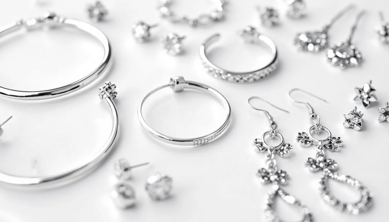 The image showcases a stunning collection of popular styles of silver earrings for women, including sterling silver hoop earrings, elegant silver drop earrings, and classic silver stud earrings. Each pair is designed to complement various outfits, making them the perfect gift for any occasion.