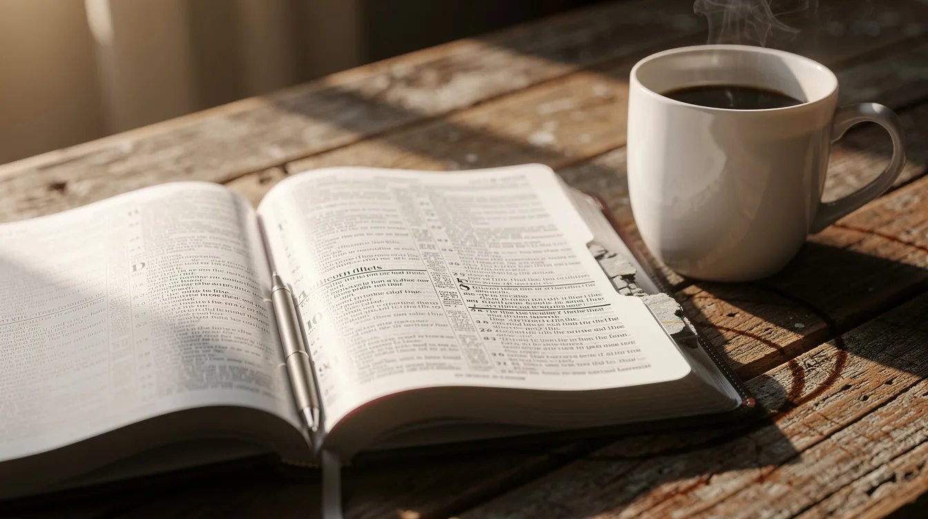 An open Bible rests on a rustic wooden table next to a steaming cup of coffee, inviting contemplation on life's meaning and the questions one might ask God. The scene suggests a peaceful moment of reflection, blending faith and daily life.
