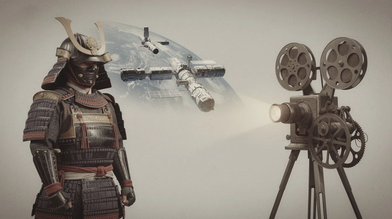 Die Collage zeigt einen Samurai-Krieger in traditioneller Rüstung, der vor einer futuristischen Weltraumstation steht, während ein alter Filmprojektor im Hintergrund sichtbar ist. Die gedämpften Farben verleihen der Szene eine nostalgische Atmosphäre, die an die epischen Geschichten aus dem Star Wars-Universum erinnert.