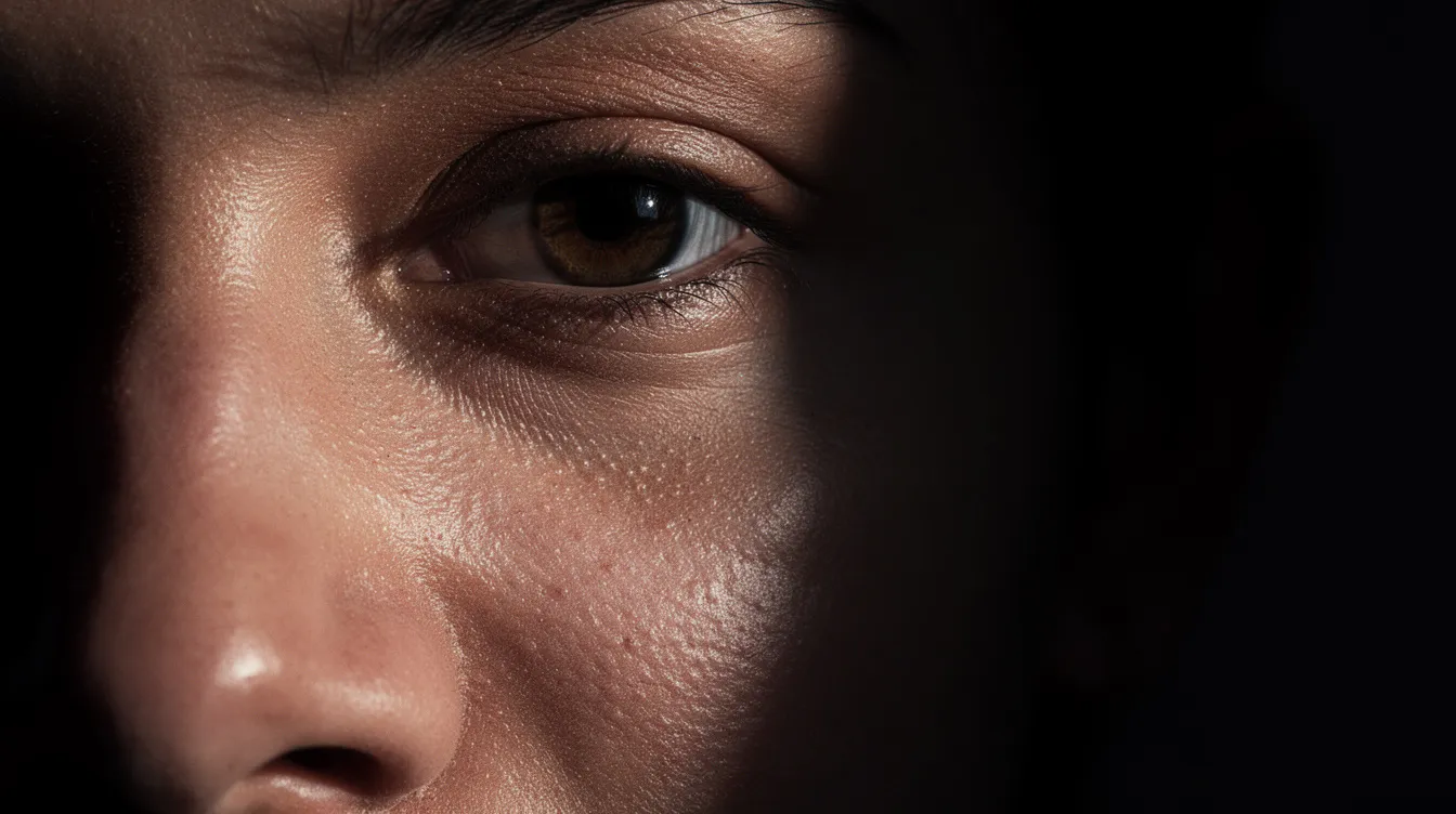 Die Nahaufnahme zeigt ein Gesicht, das zur Hälfte von dramatischem Seitenlicht beleuchtet wird, während die andere Hälfte im tiefen Schatten liegt. Ein Glanzlicht im Auge verstärkt die emotionale Intensität und erinnert an die düstere Atmosphäre von Ridley Scotts "Blade Runner".