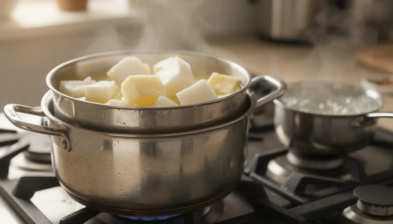 The image depicts a double boiler setup with a glass bowl containing melting tallow and a small pot of steaming water nearby, illustrating a DIY magnesium lotion recipe. This natural skincare method highlights the process of blending organic ingredients to create a soothing magnesium body butter.
