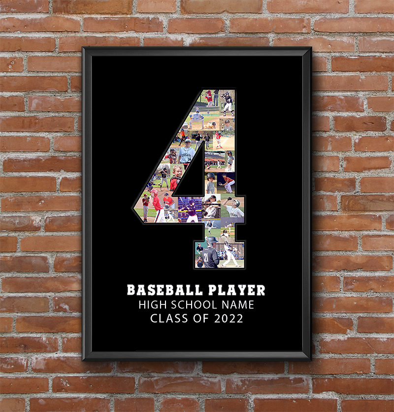 Customize this poster with your team colors, team name, and school name and of course, your baseball player's jersey number and pictures!