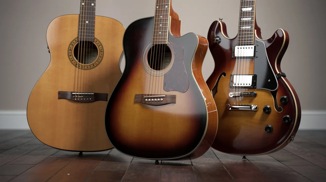 Das Bild zeigt eine Nahaufnahme von drei verschiedenen Gitarren, die nebeneinander stehen: eine klassische Gitarre, eine Western-Gitarre und eine E-Gitarre. Jede Gitarre hat ihren eigenen einzigartigen Stil und könnte für Anfänger, die Gitarre lernen möchten, eine tolle Möglichkeit sein, verschiedene Instrumente kennenzulernen.