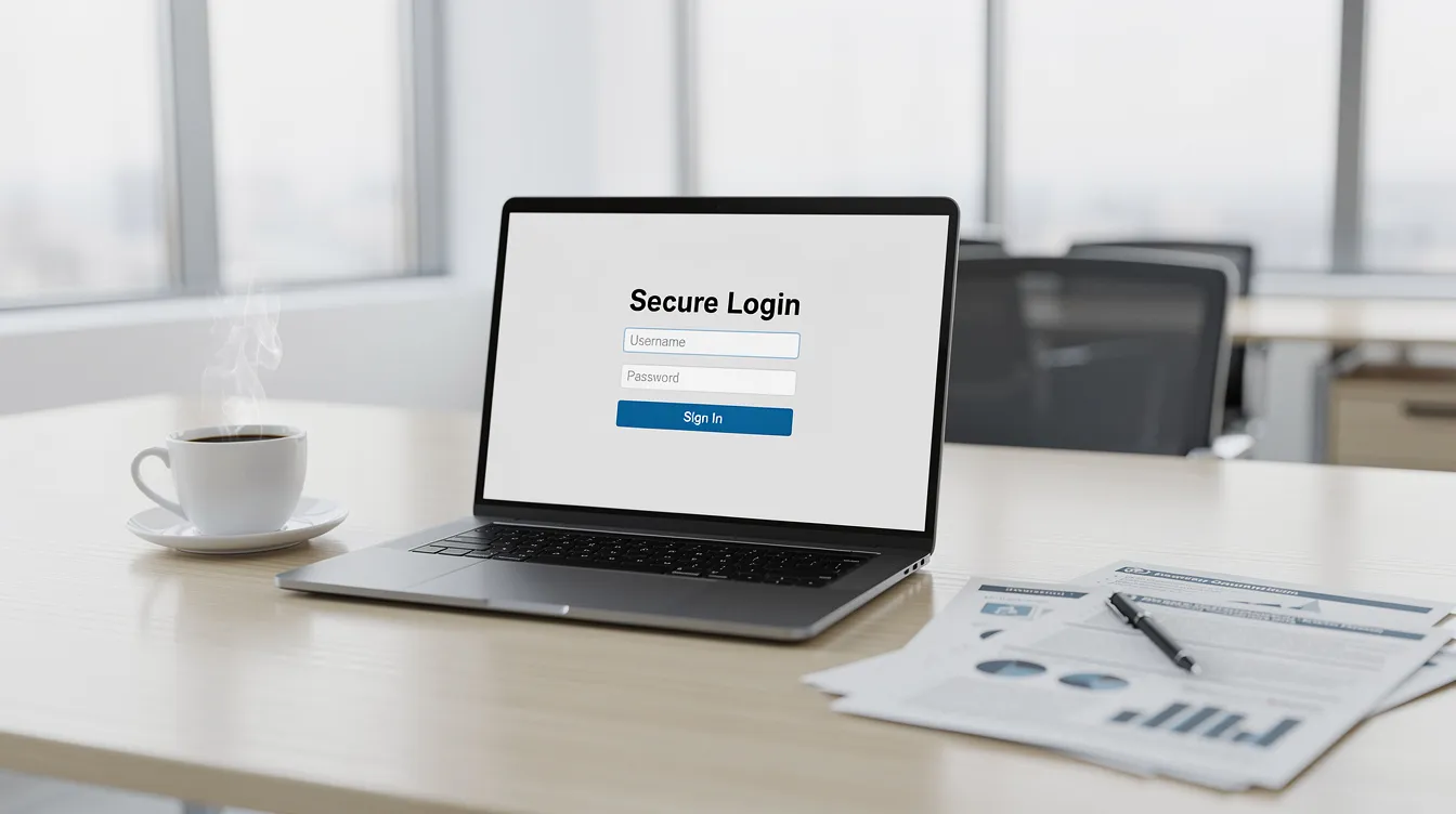 The image depicts a sleek professional office desk featuring a laptop displaying a secure login page, a steaming cup of coffee, and neatly organized documents, all set in a bright, modern office environment. This setup emphasizes the importance of security measures like two-factor authentication and protecting personal information against scams and data breaches.