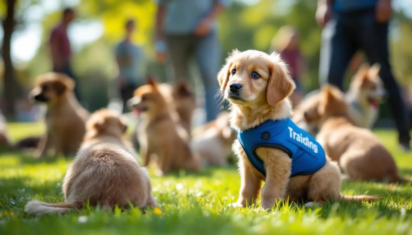 A mini golden doodle puppy is attentively participating in a training class alongside other puppies, showcasing its affectionate nature and eagerness to learn. The scene captures the joy and energy of these playful pups as they engage in positive reinforcement exercises, making them excellent companions for families.