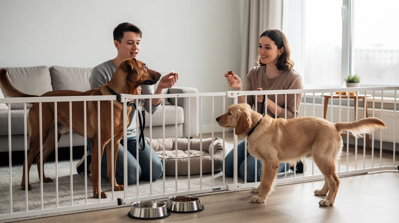 The image depicts a calm scene in a neutral location where an adult dog and a new puppy are meeting for the first time. The resident dog displays relaxed body language, while the new dog appears curious, suggesting a positive introduction and the potential for a successful friendship.