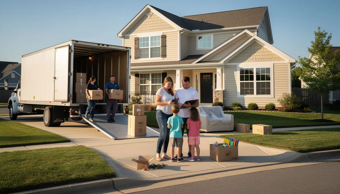 A family is overseeing professional movers as they unload boxes from a moving truck at their residential home, showcasing the relocation process involved in moving to a new location. The scene captures the teamwork and care of the movers, ensuring a smooth transition for the family's personal belongings.
