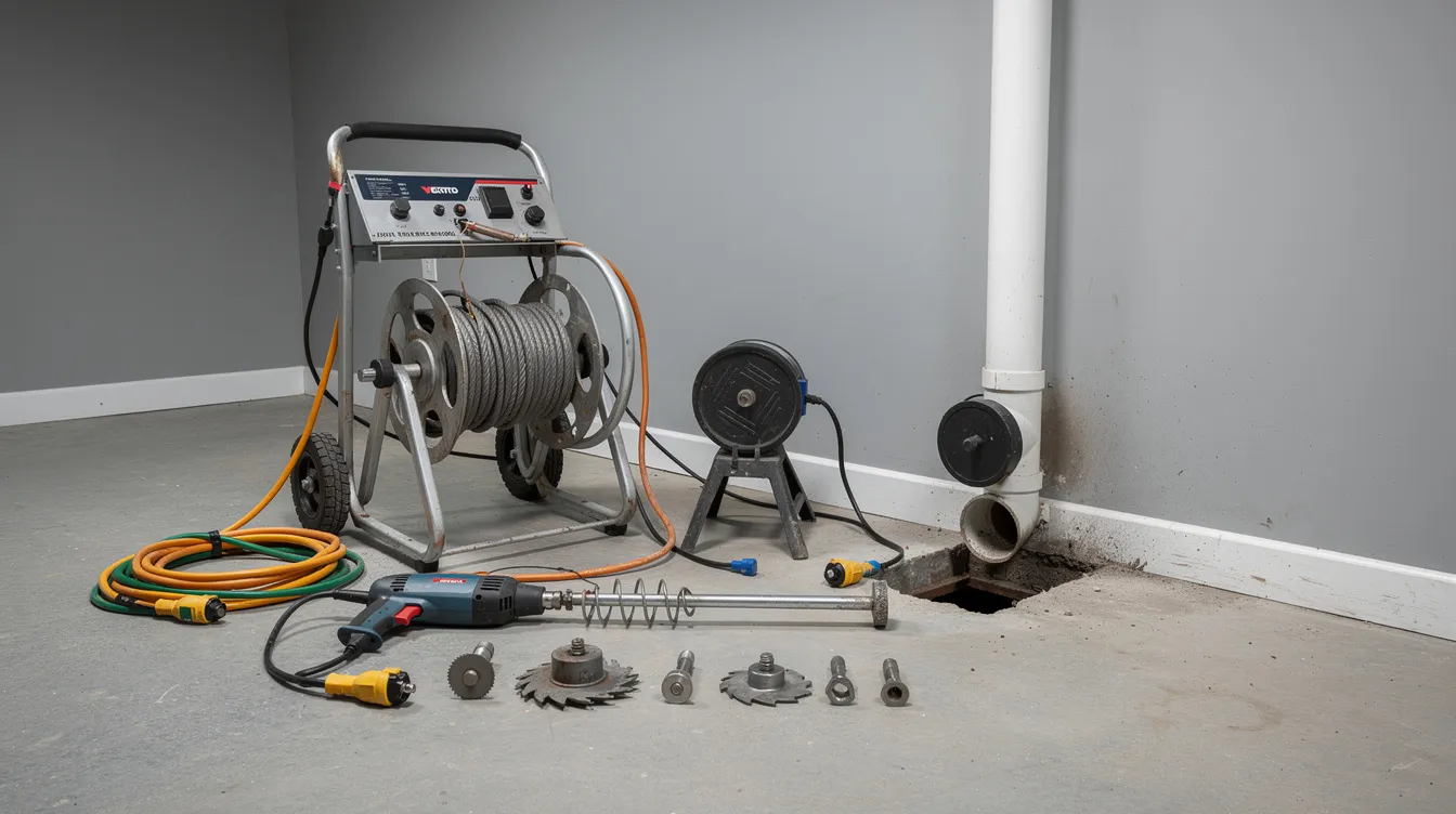 The image shows professional drain cleaning equipment, including mechanical tools like a pipe wrench and a wire brush, positioned near a cleanout in a plumbing system. This setup highlights the importance of thorough cleaning to prevent stubborn clogs and maintain an efficient plumbing system.