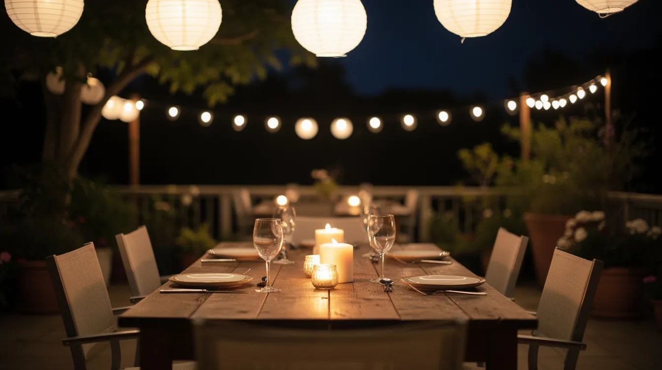 The image depicts an enchanting outdoor dining table set for a night gathering, illuminated by hanging paper lanterns and candles, with warm outdoor string lights twinkling in the background among the trees. This magical scene creates a cozy atmosphere perfect for outdoor parties and events in the backyard.