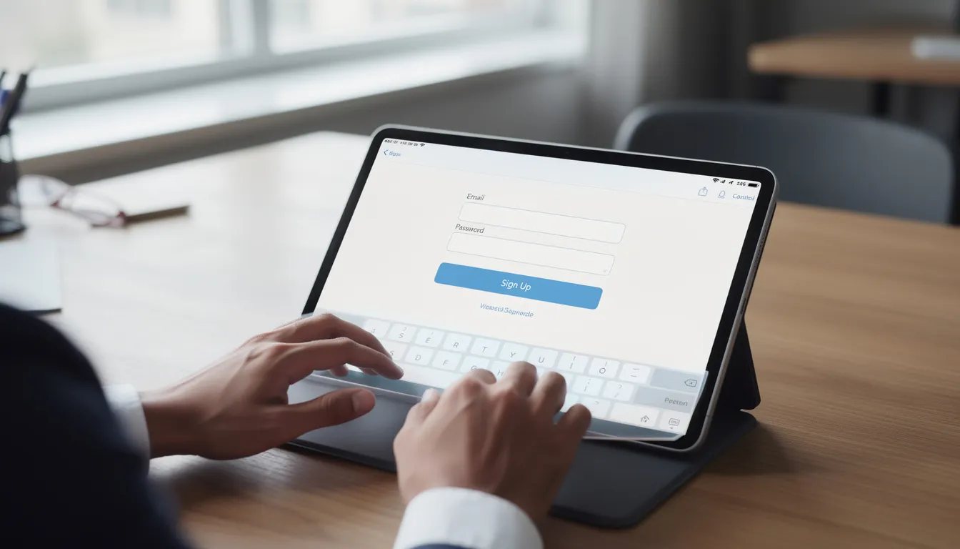 A pair of hands is typing on a tablet device, with a sign-up form clearly displayed on the screen, suggesting a process for obtaining express written consent for receiving marketing text messages in compliance with the Telephone Consumer Protection Act. The scene emphasizes the importance of consumer protection and the legal requirements for sending promotional communications.