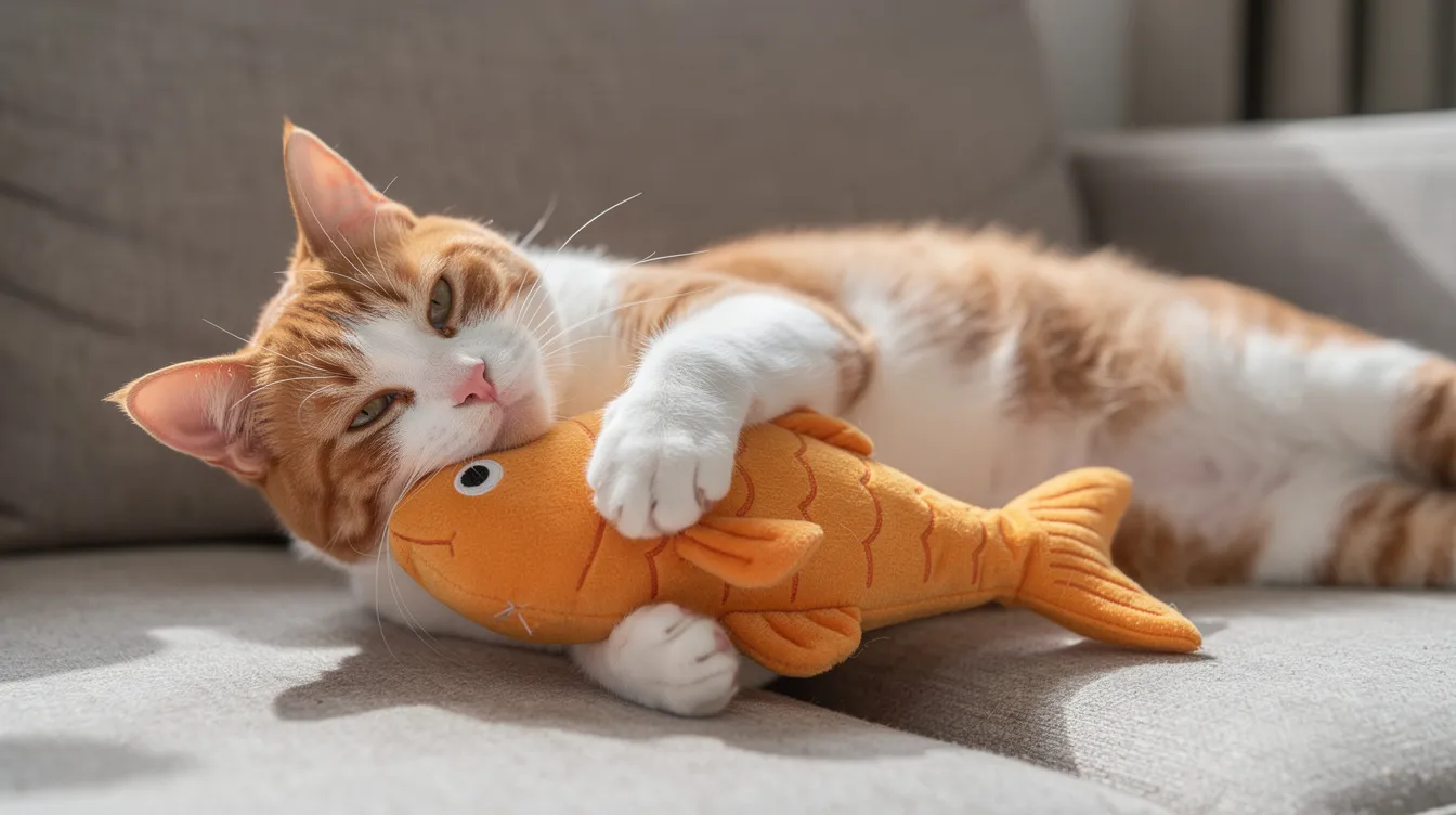 An orange and white cat is lying on its side on a soft sofa, hugging a plush goldfish-shaped toy with its front paws, showcasing its love for interactive play. This adorable scene highlights the cat's comfort and enjoyment with its durable kicker toy, perfect for cuddling and kicking.