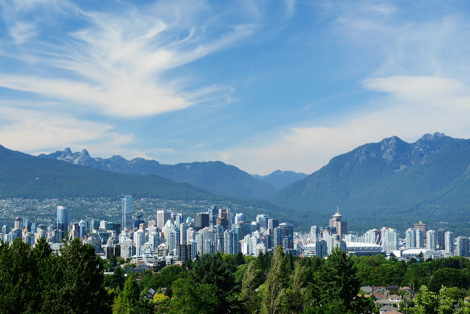 A view of the Vancouver skyline with BC Place Stadium prominent in Vancouver, Canada.