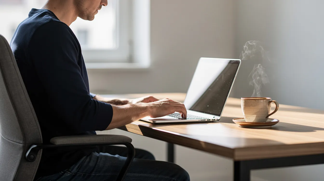 A person is sitting at a desk, focused on their laptop while a coffee cup rests beside them, suggesting a productive work environment. This scene reflects the modern business landscape where individuals manage their bank accounts and financial transactions, highlighting the importance of security and access in international money transfers.