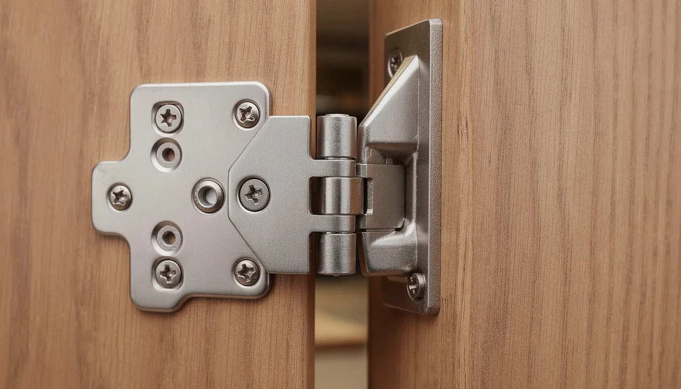 The image shows a close-up view of high-quality door hinges, securely attached to a door frame with proper fasteners, ensuring the door's functionality and smooth operation. This detail highlights the importance of correct installation to prevent common door installation mistakes, such as misalignment, which can lead to future issues like door sticking or squeaky hinges.