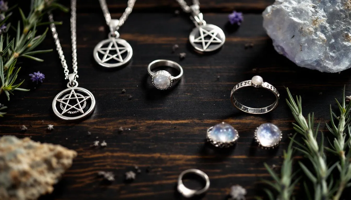 A collection of witch jewelry pieces, including pentacle necklaces, crystal rings, and moon phase bracelets, is artistically arranged on a dark wooden surface alongside dried herbs, showcasing the charms and nature-inspired elements of witchcraft. Each item reflects a unique blend of metal and design, perfect for gifts or personal adornment.