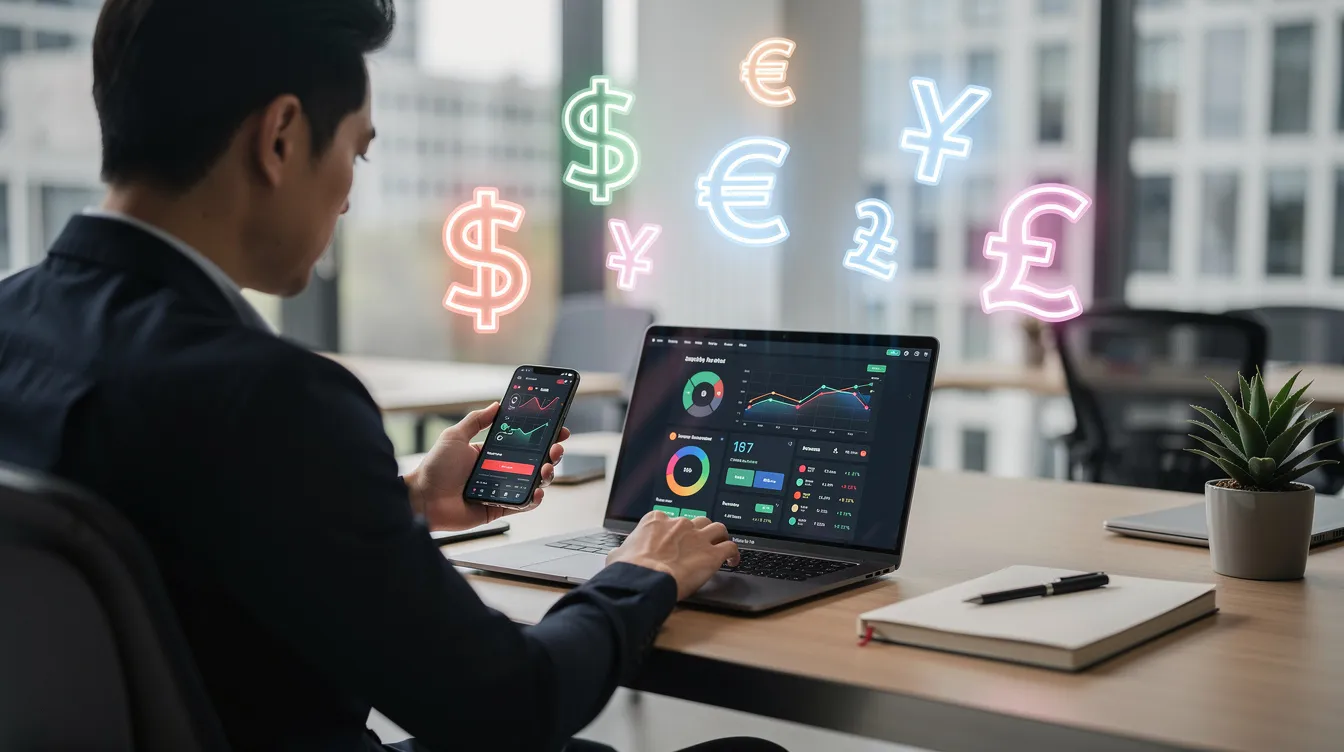 The image depicts a person sitting at a desk, intently comparing financial apps on a laptop and phone, with various currency symbols floating around them. This scene highlights the process of evaluating options such as Wise Business and Revolut Business for managing international payments, multi-currency accounts, and understanding features like monthly fees and transaction costs.