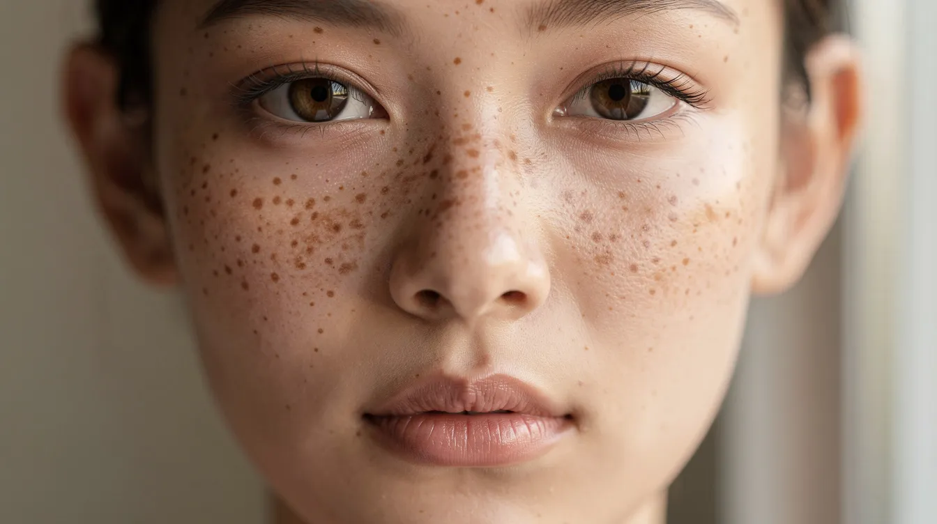 Die Nahaufnahme zeigt ein Gesicht mit natürlich verteilten Sommersprossen, die über die Nase und Wangen verlaufen. Diese Sommersprossen verleihen dem Teint einen frischen und charmanten Look, der perfekt zum Sommertrend passt.