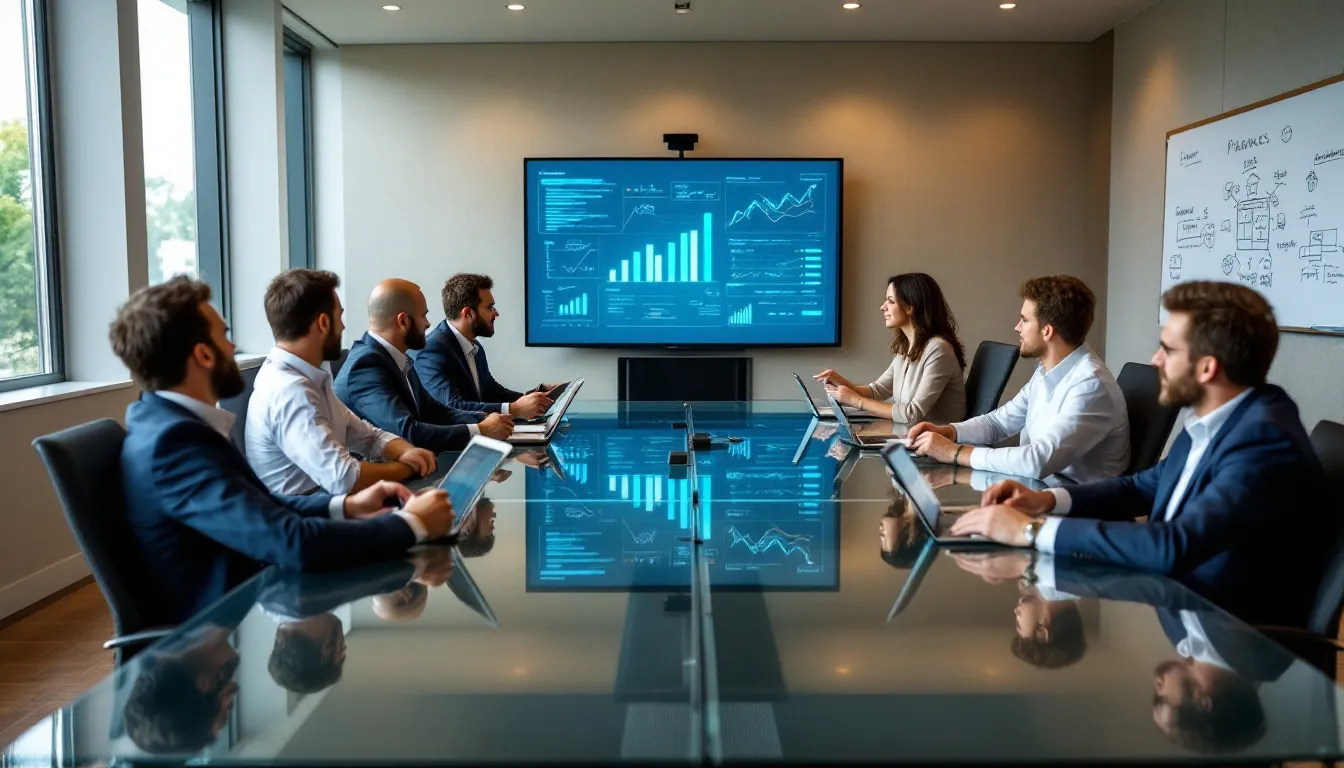 In a conference room, hotel managers are engaged in a discussion while reviewing performance charts and analytics, focusing on metrics such as gross operating profit, current period revenue, and flow through. They analyze various revenue streams from the rooms and food and beverage departments to identify opportunities for maximizing revenue and improving the hotel's financial performance.