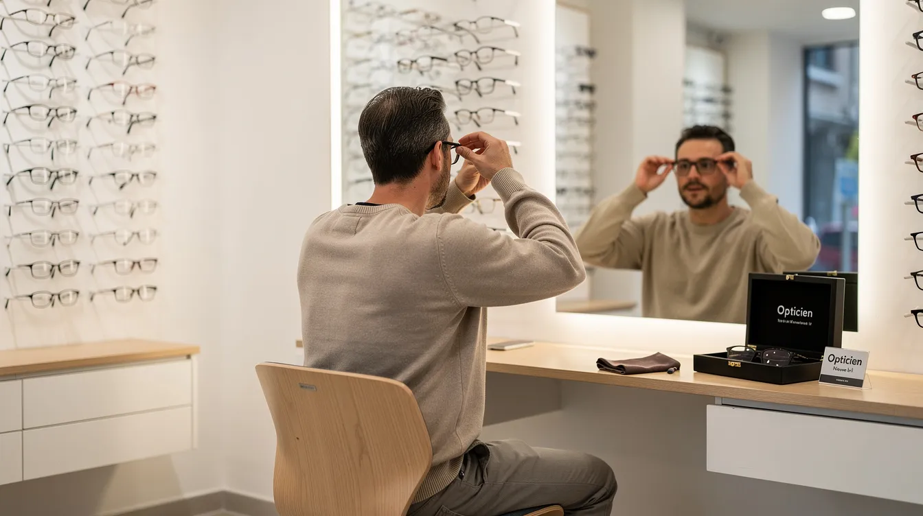 Een persoon staat bij de opticien en past een bril terwijl hij in de spiegel kijkt, op zoek naar de juiste sterkte voor scherp zicht. De omgeving is goed verlicht, wat helpt om eventuele symptomen van vermoeide ogen en wazig zicht te verminderen.