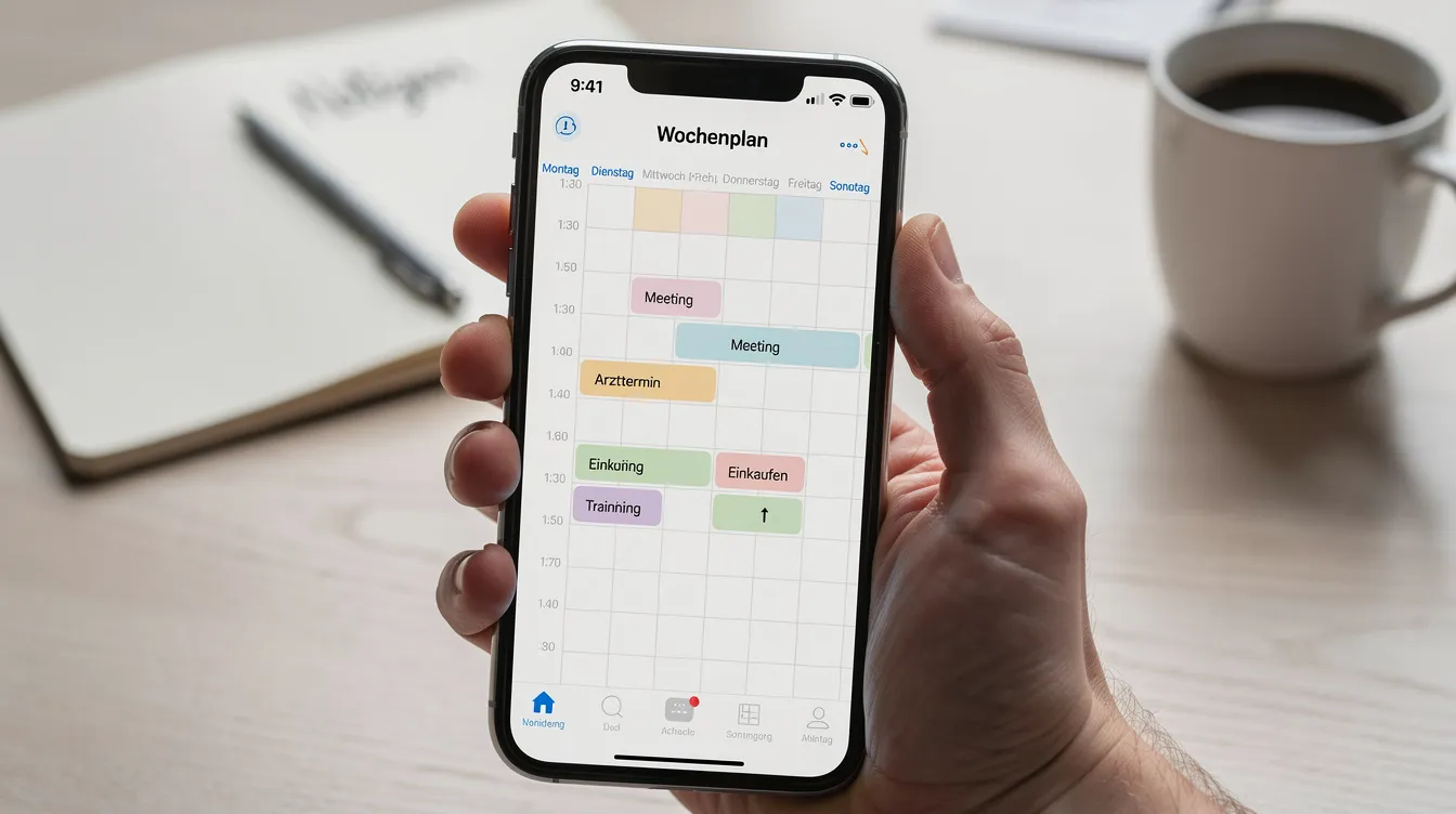 Ein Smartphone wird von einer Person gehalten, auf dessen Bildschirm ein digitaler Wochenplan und eine Kalenderansicht zu sehen sind. Diese Anwendung könnte Teil einer Software für Schichtplanung und Workforce Management sein, die zur Optimierung der Mitarbeiterzufriedenheit in Unternehmen dient.