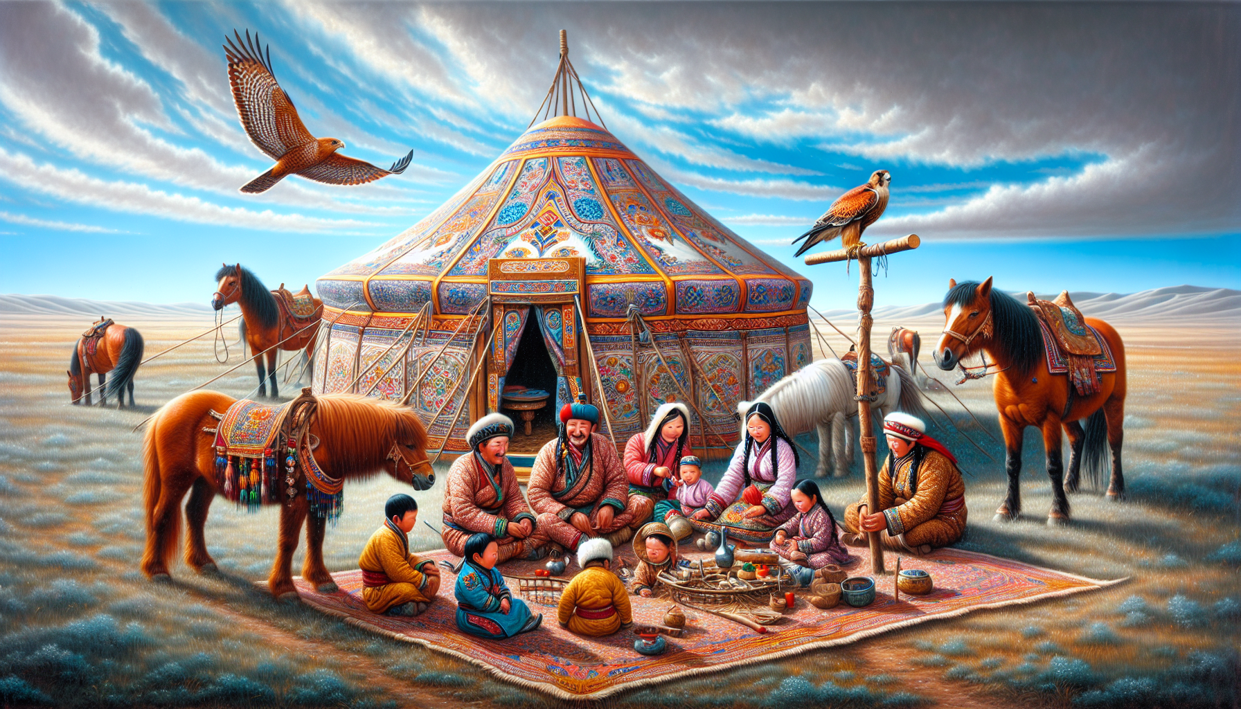 Traditional Mongolian nomadic family with a ger tent