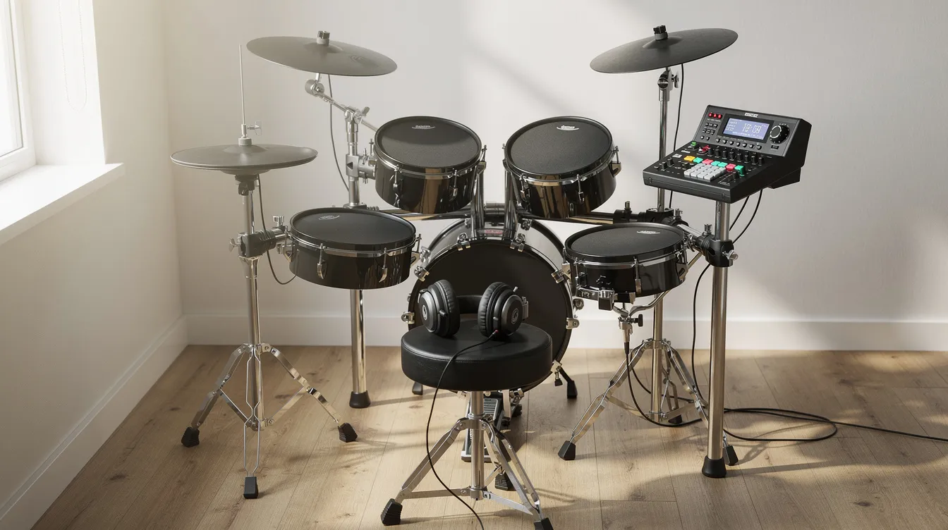 Das Bild zeigt ein elektronisches Drumset in einem kleinen, hellen Zimmer, auf dem ein Hocker mit Kopfhörern steht. Diese Umgebung eignet sich ideal für Anfänger, die online Schlagzeug lernen möchten, und bietet Platz für Übungen und rhythmische Koordination.