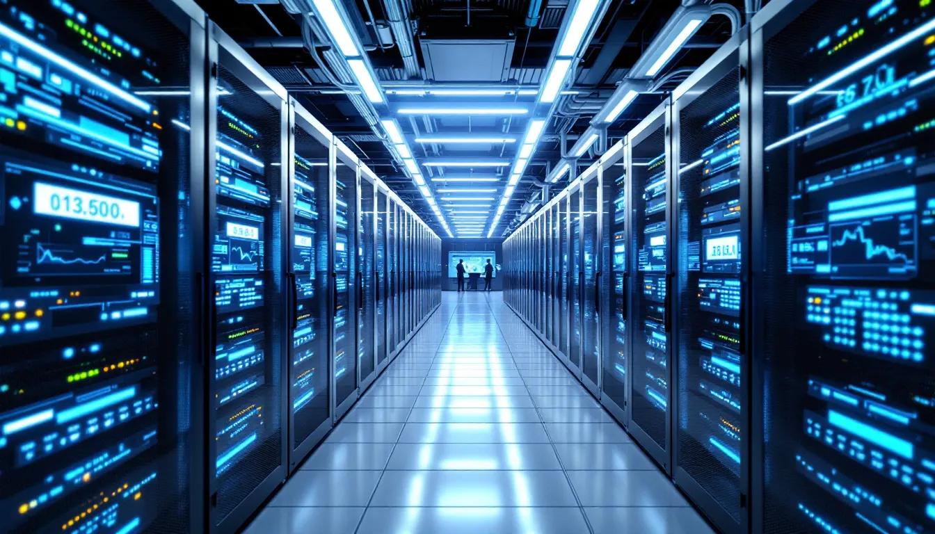 A modern data center is depicted, featuring interconnected servers with visible data flows that represent large-scale data processing and data movement. This environment highlights the integration of cloud services like Azure Data Factory and Azure Databricks, emphasizing data engineering and the orchestration of data pipelines for both structured and unstructured data.