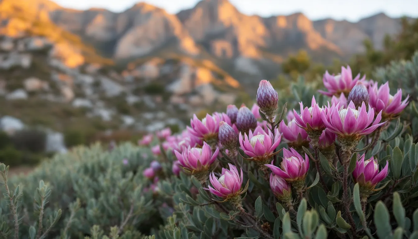 In this vibrant image, indigenous proteas and fynbos showcase stunning pink and purple blooms, set against a majestic mountain backdrop. The bright rich colours and fragrant flowers capture the essence of spring in South Africa, inviting butterflies and adding life to the landscape.