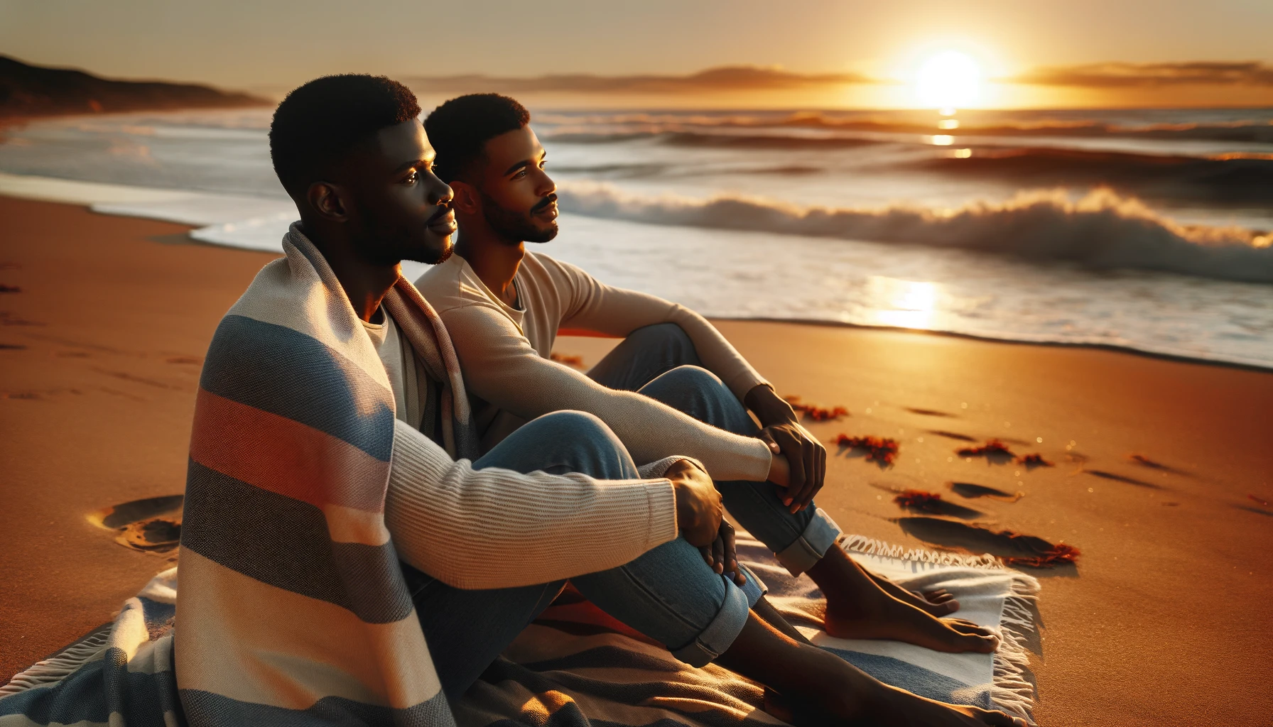  A Couple sitting on a beach at sunset, watching the waves together