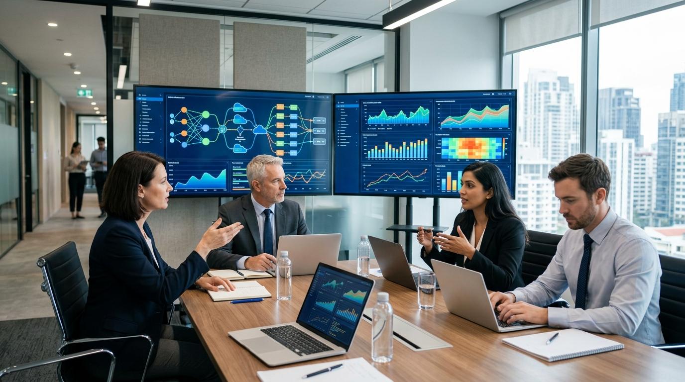 Photorealistic corporate meeting with business professionals analyzing cloud infrastructure costs on large screens displaying abstract graphs and data visuals.