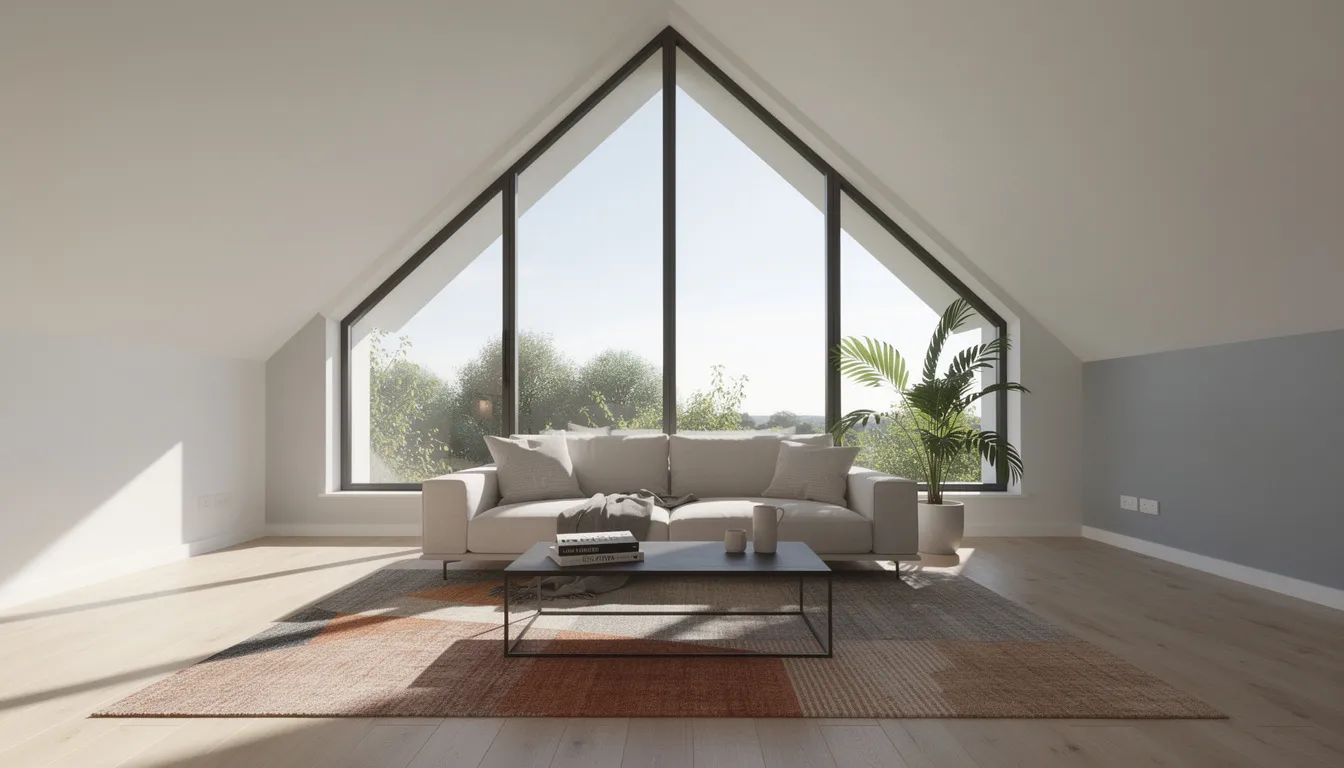 The image features a modern living room interior highlighted by a large triangular gable window, allowing natural light to stream in, creating a bright and airy atmosphere. The stylish gable windows are complemented by bespoke blinds that offer light control while providing an unobstructed view of the outside.