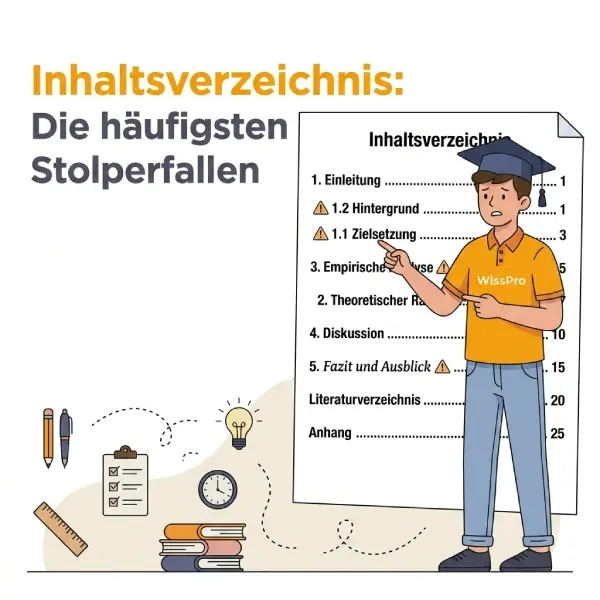 Häufigste Stolperfallen im Inhaltsverzeichnis der Masterarbeit: uneinheitliche Gliederungspunkte, verrutschte Seitenzahlen, vermischte Zahlensysteme (römisch/arabisch), von Hand eingetippte Seitenzahlen, Kapitel ohne Seitenangabe