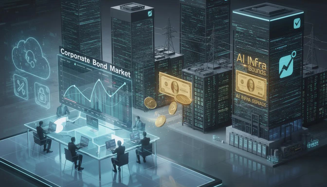 The image depicts a dynamic representation of the corporate bond market, highlighting the transformative impact of the $3 trillion AI infrastructure boom, where tech giants are shifting their focus to owning substantial physical assets. This shift is reshaping credit markets and presenting fixed income investors with new opportunities and risks amid evolving consumer and enterprise demand.