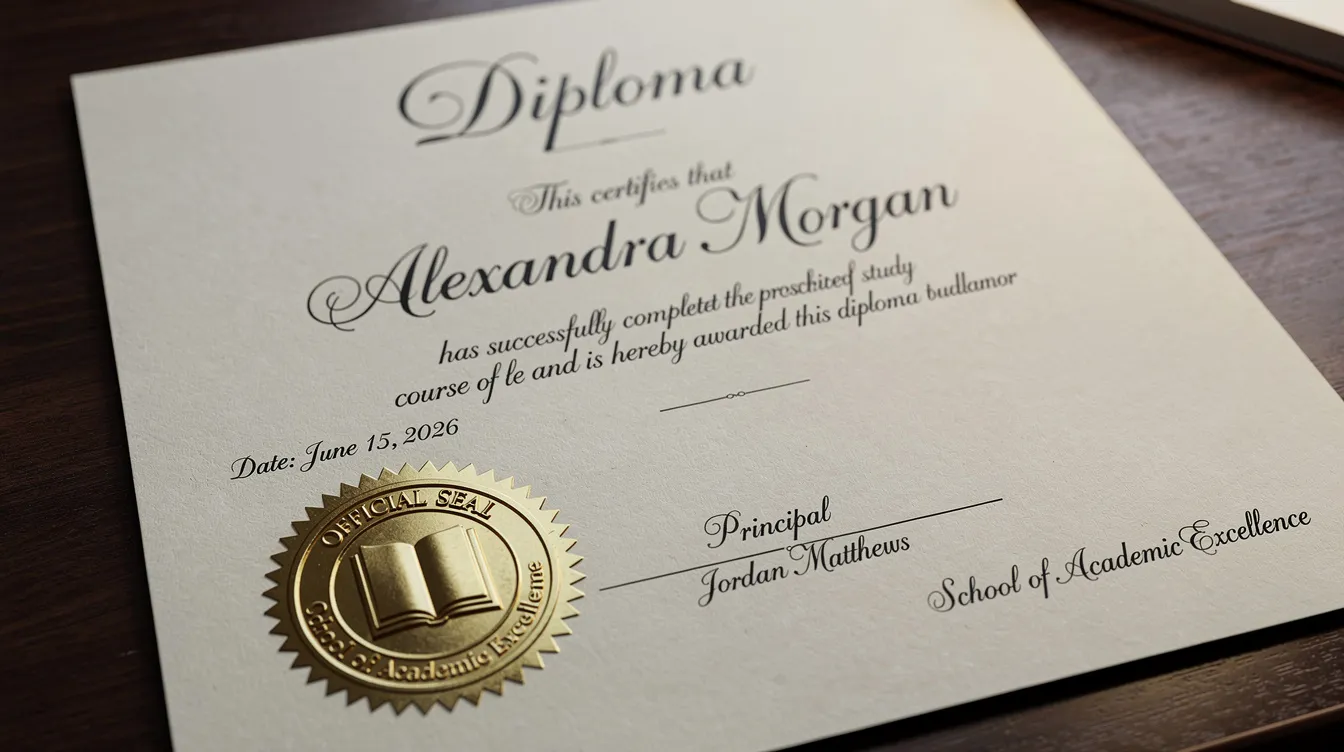 The image features a close-up view of a replica diploma, showcasing an embossed seal and intricately detailed fonts, designed to resemble an original diploma. This replacement document is ideal for display purposes, capturing the essence of graduation credentials with high-quality craftsmanship.